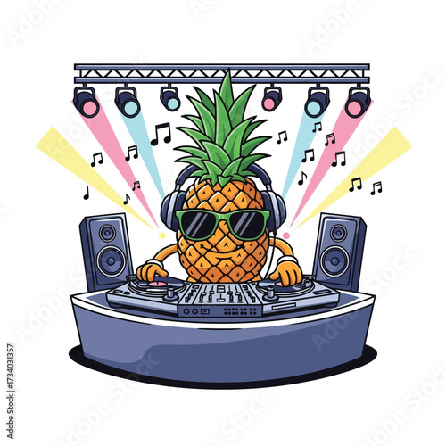 Vector illustration of a cartoon pineapple wearing sunglasses and headphones, djing at a turntable with speakers and colorful lights