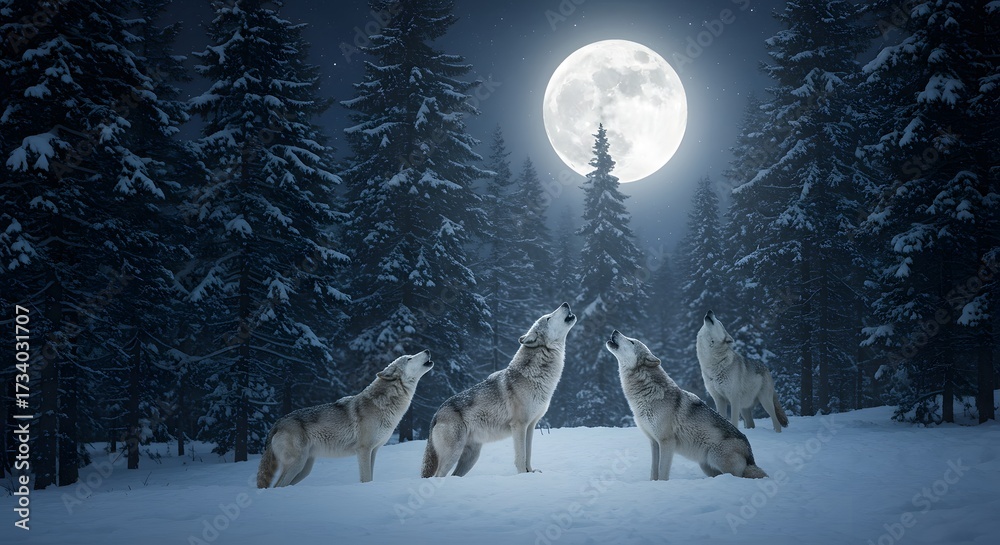 Naklejka premium Wolves Howling at Full Moon in Snowy Forest – Wildlife Concept