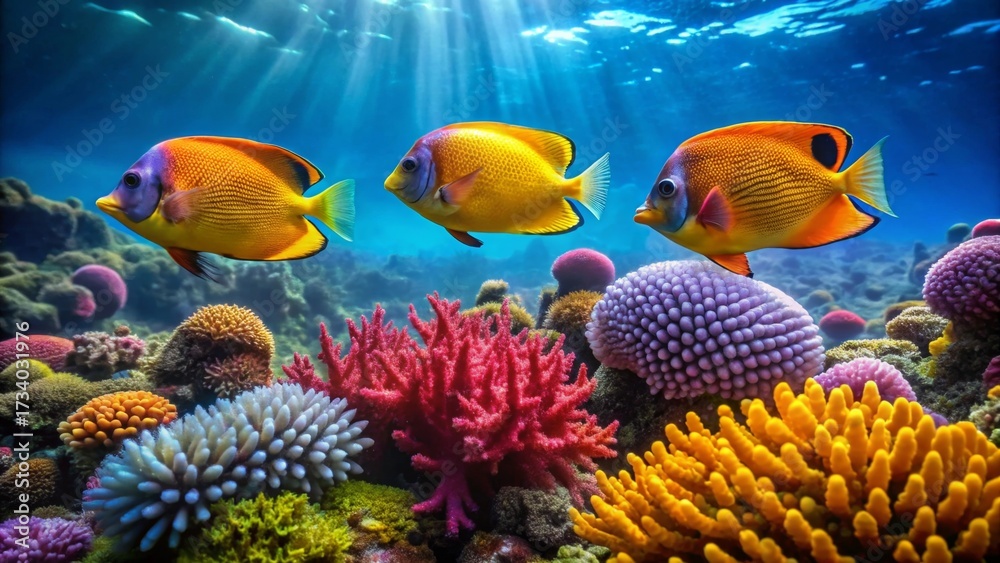 Fototapeta premium Vibrant Reef Scene Three Tropical Fish Swim Gracefully Above a Colorful Coral Garden, Basking in Sunlit Waters