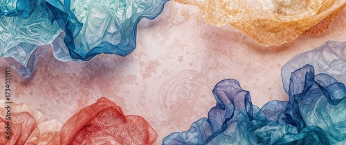 Colorful translucent fabric shapes on marble background