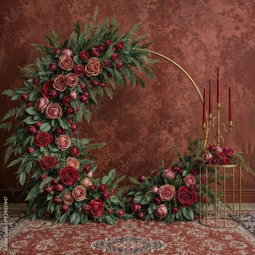 Floral crescent arch with candles against burgundy wall