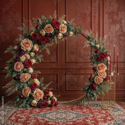 Floral crescent arch with candles against burgundy wall