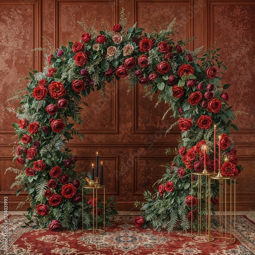 Floral crescent arch with candles against burgundy wall