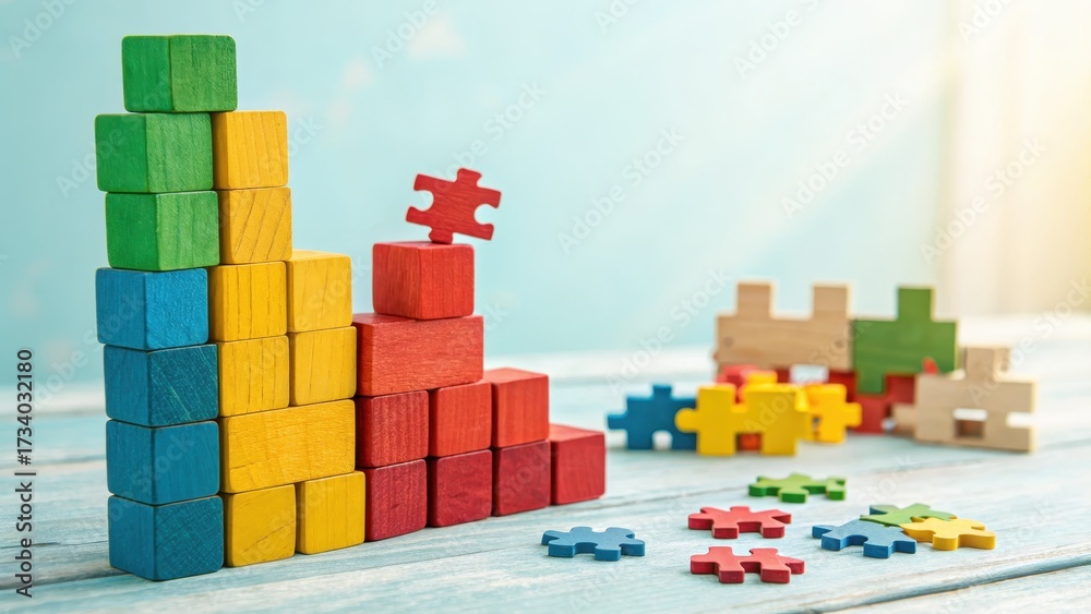 Obraz premium Wooden Blocks in Primary Colors Arranged in Ascending Order