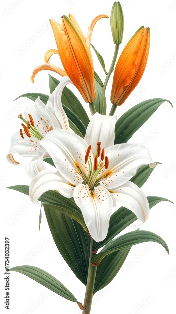 Obraz premium White lily bloom surrounded by orange petals high resolution photo