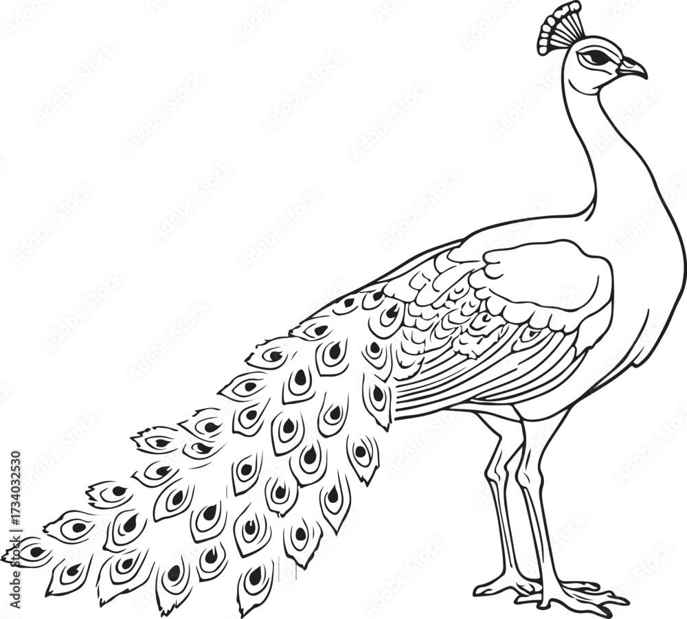 Obraz premium Peacock Exotic Bird Simple Hand-drawn Sketch Doodle Drawing Vector Illustration, Black and white Line Linear Isolated Art