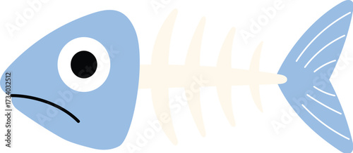 isolated funny blue fishbone illustration, food waste fish remain graphic 
