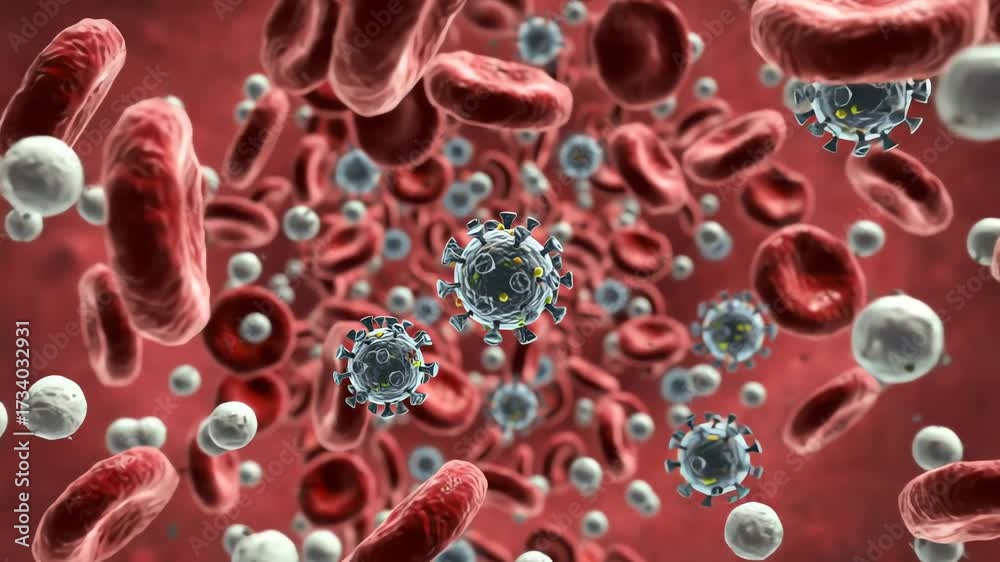 dengue virus particles in bloodstream, spherical with surface spikes