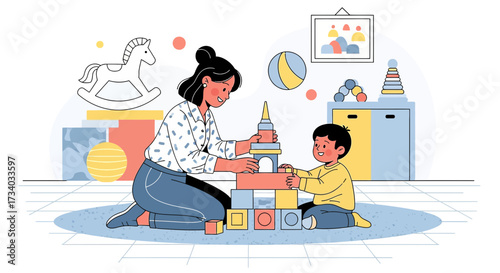Illustration of a woman and a child playing with building blocks in a playroom scene