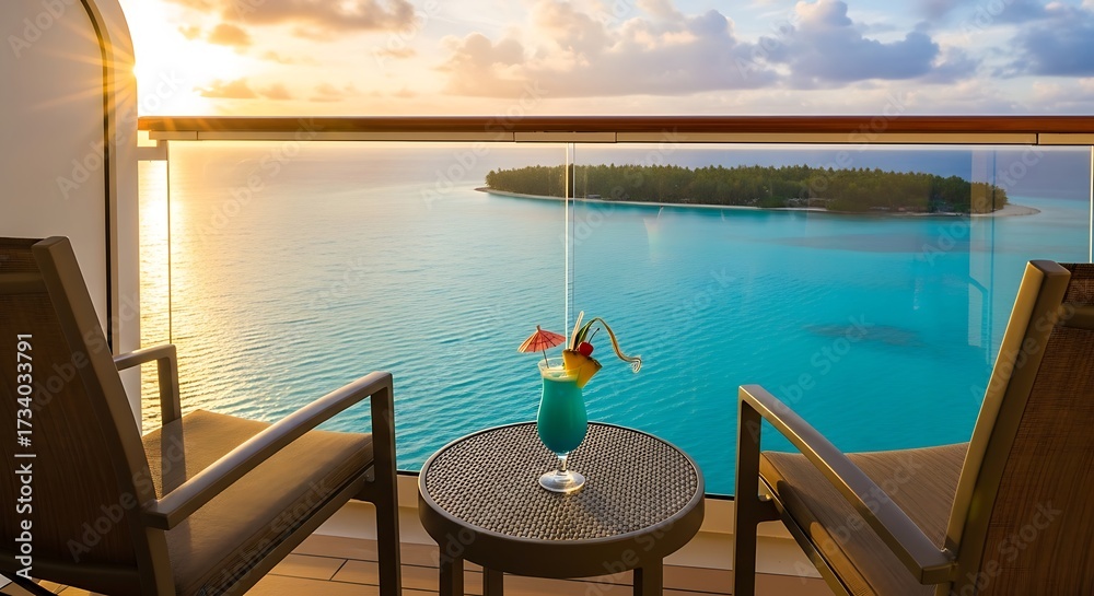Fototapeta premium Balcony View with Cocktail at Sunset on Cruise.