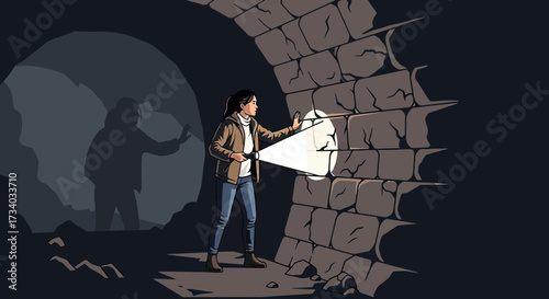 Illustration of a woman exploring a dark stone tunnel with a flashlight casting a bright beam