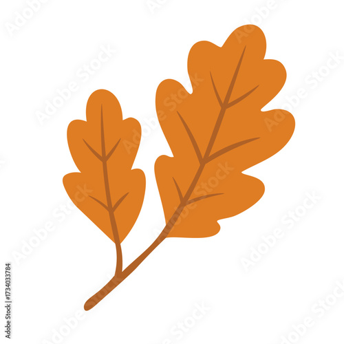 Autumn branch with two oak leaves in flat doodle style, simple seasonal foliage isolated on white background.