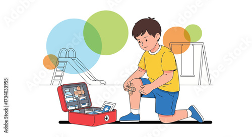 Illustration of a young boy applying a bandage to his knee at the playground safety first