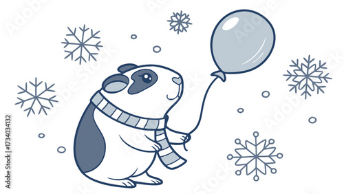 Frosty Winter colored Guinea pig with a Funny touch, placed in a Cozy winter theme and styled with with a balloon