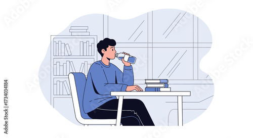 Illustration of a young man drinking water while studying in a minimalist setting