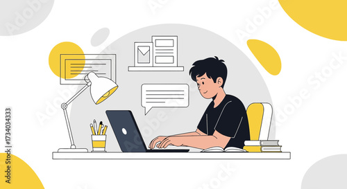 Illustration of a young man working on a laptop at his desk in a minimalist style
