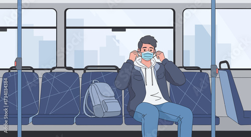 Illustration of a young man wearing a face mask on a bus during pandemic times