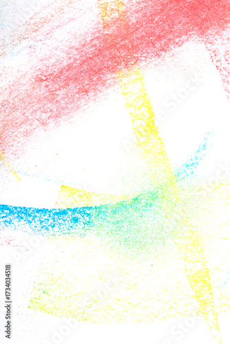 Abstract Swirls and lines made with soft pastel crayon on white background rainbow colour creative brush stroke