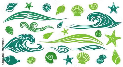 Nautical inspired vector elements featuring waves, seashells and starfish in green shades on white