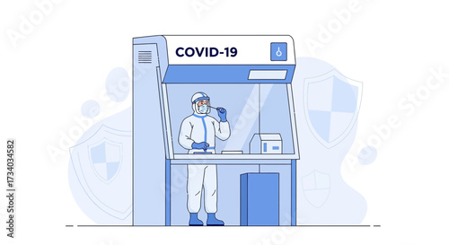 Illustration of Covid-19 testing station with a healthcare worker taking sample professionally to
