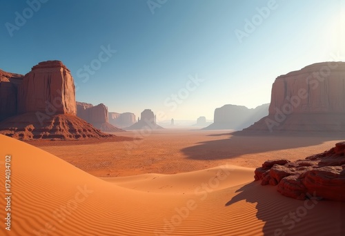 Expansive Desert Landscape with Dramatic Rock Formations and Textured Sand Dunes under a Vast Blue Sky