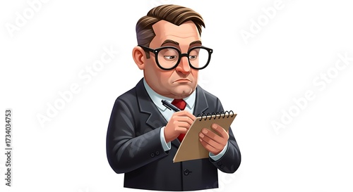 Cartoon of a film critic with a notepad and pen in hand, wearing thick glasses and formal clothing, attentive expression, isolated on white background.