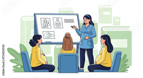 Illustration of pregnant women in prenatal class with healthcare provider and diagram