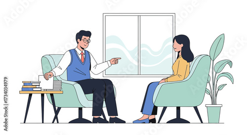 Illustration of therapy session between a therapist and a patient in a bright and minimalist setting