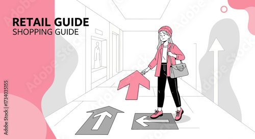Illustration of woman following arrows in a retail space, retail guide, shopping tour concept