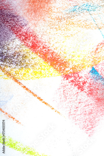 Abstract Swirls and lines made with soft pastel crayon on white background rainbow colour creative brush stroke