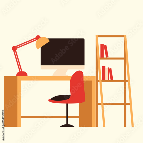 Home Interior home office desk with computer and bookshelf