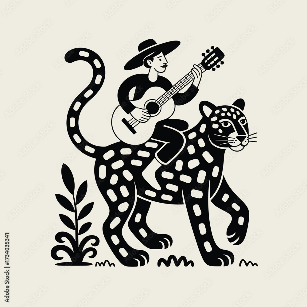 Fototapeta premium Musician on Jaguar A Bold Folk Art Illustration