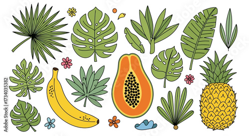 Vibrant tropical illustration featuring exotic fruits and lush foliage in a playful style