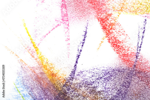 Abstract Swirls and lines made with soft pastel crayon on white background rainbow colour creative brush stroke