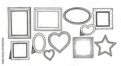 Collection of hand drawn picture frames in various shapes and sizes in sketch style