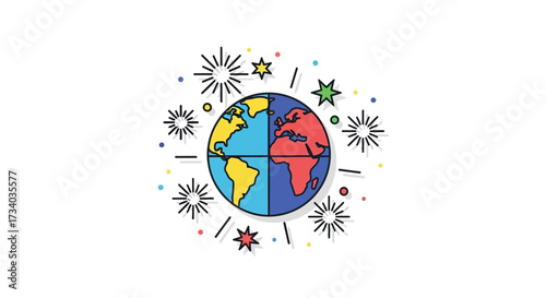 Stylized world representation with radiating starbursts and festive confetti for a celebration
