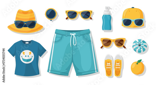 Cartoon illustration showcasing beach vacation essentials for a sunny getaway adventure