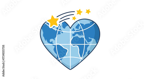 Global Harmony: Heart-Shaped World Globe with a Trail of Sparkling Stars, Symbolizing Planetary