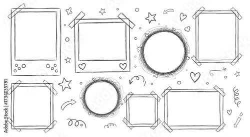 Set of hand drawn doodle photo frames collection with decoration vector illustration