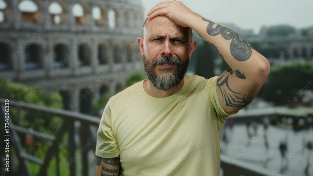 Fototapeta premium Bald bearded man in tattooed arms distressed outdoors by roman coliseum.