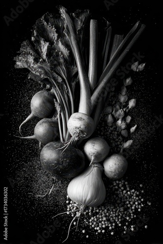 Monochrome Still Life - A Study of Root Vegetables and Spices.
