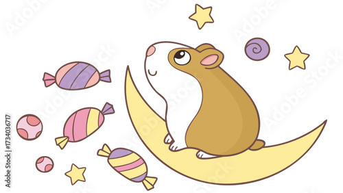 Creative SVG: Dreamy Guinea pig with sitting on a moon in a Candy Shop colored Birthday theme