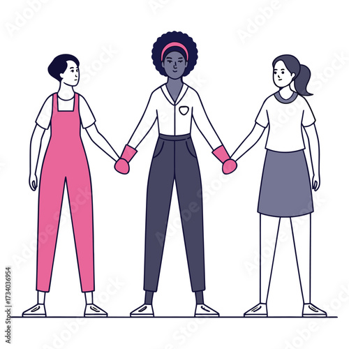 Diverse women wearing gloves hold hands in solidarity against white transparent background
