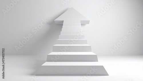 Minimal white arrow-shaped staircase pointing upward, symbolizing growth, progress, direction, ambition, business strategy, vision, success journey, personal development, and future goals.