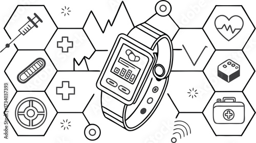 Modern smartwatch healthcare technology, black and white line art showing health monitoring and telemedicine for a connected and healthy lifestyle