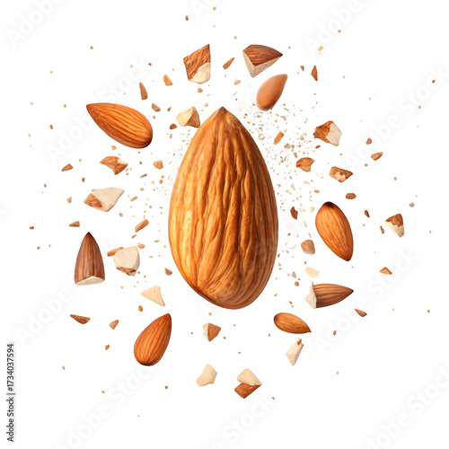 Whole almond and shattered pieces exploding in mid air isolated on transparent background