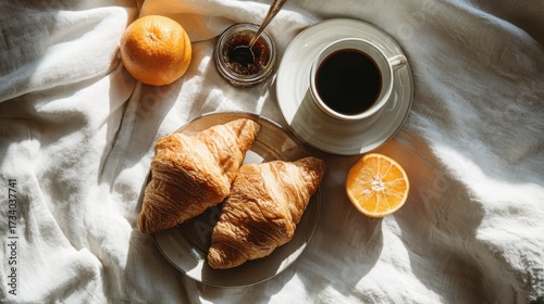 Morning Bliss - Croissants, Coffee, and Citrus on White Linen.