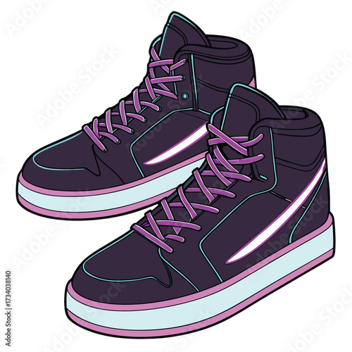 Two dark purple high top sneakers feature bright purple laces and cyan sole accents