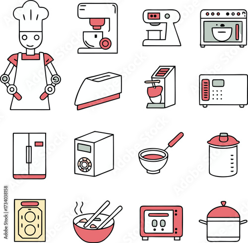 Modern kitchen appliances collection with robot chef, vibrant and clean design perfect for culinary blogs, cooking guides, or food technology ventures