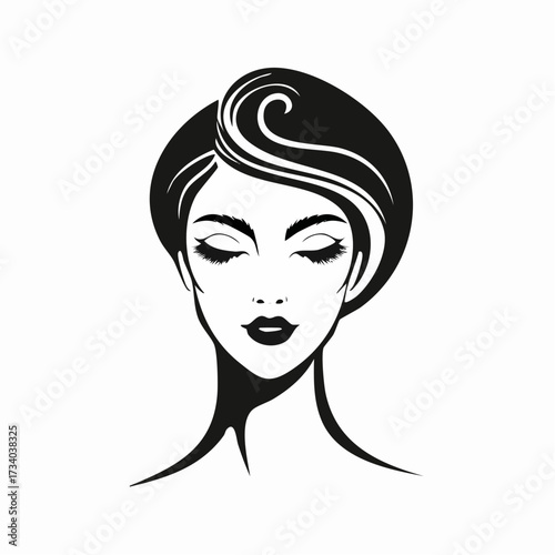 Joli portrait de femme en noir et blanc, feutre noir, fond blanc, visage